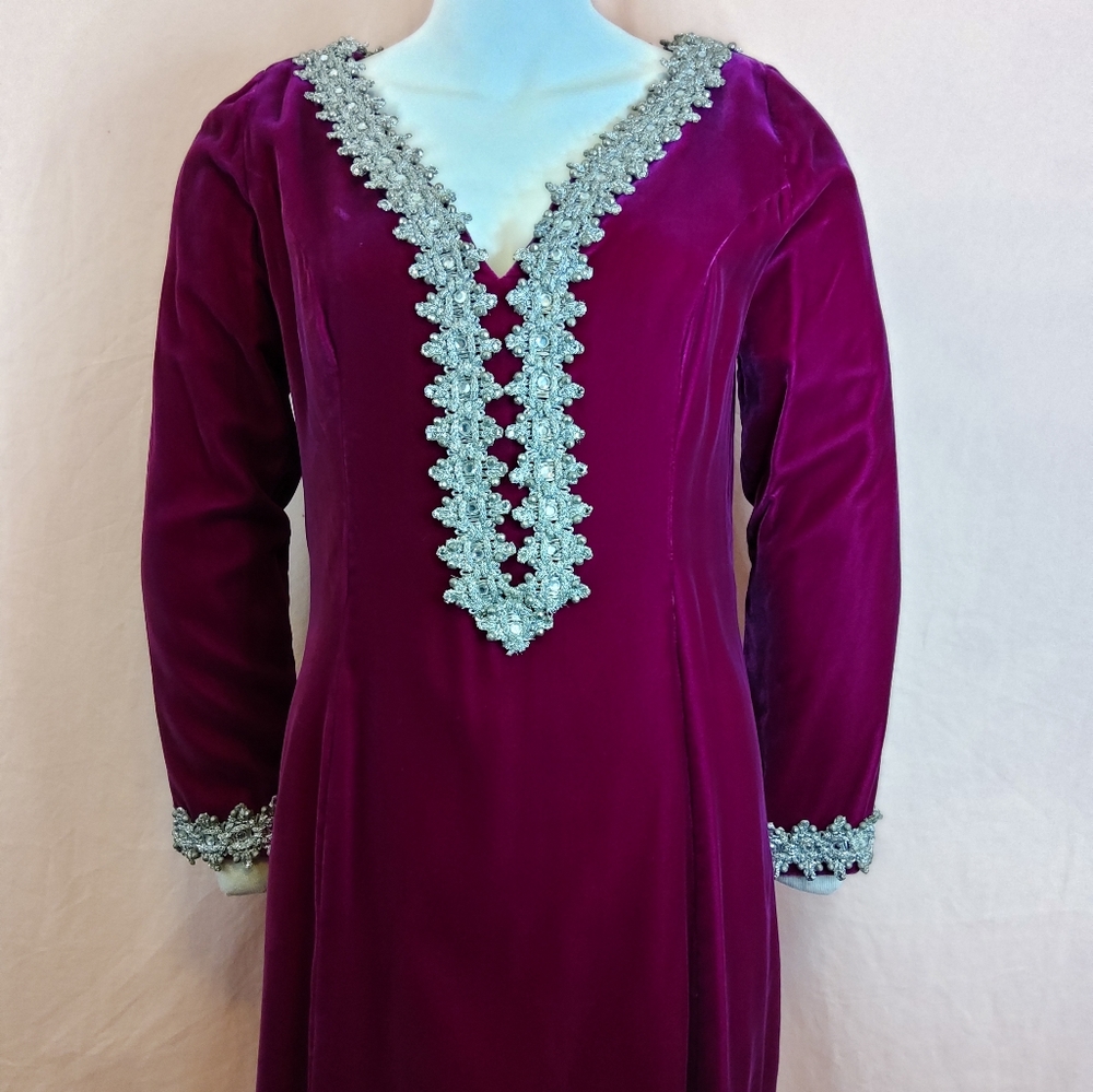 Vtg Velvet Dress Silver Braid Rhinestone Trim